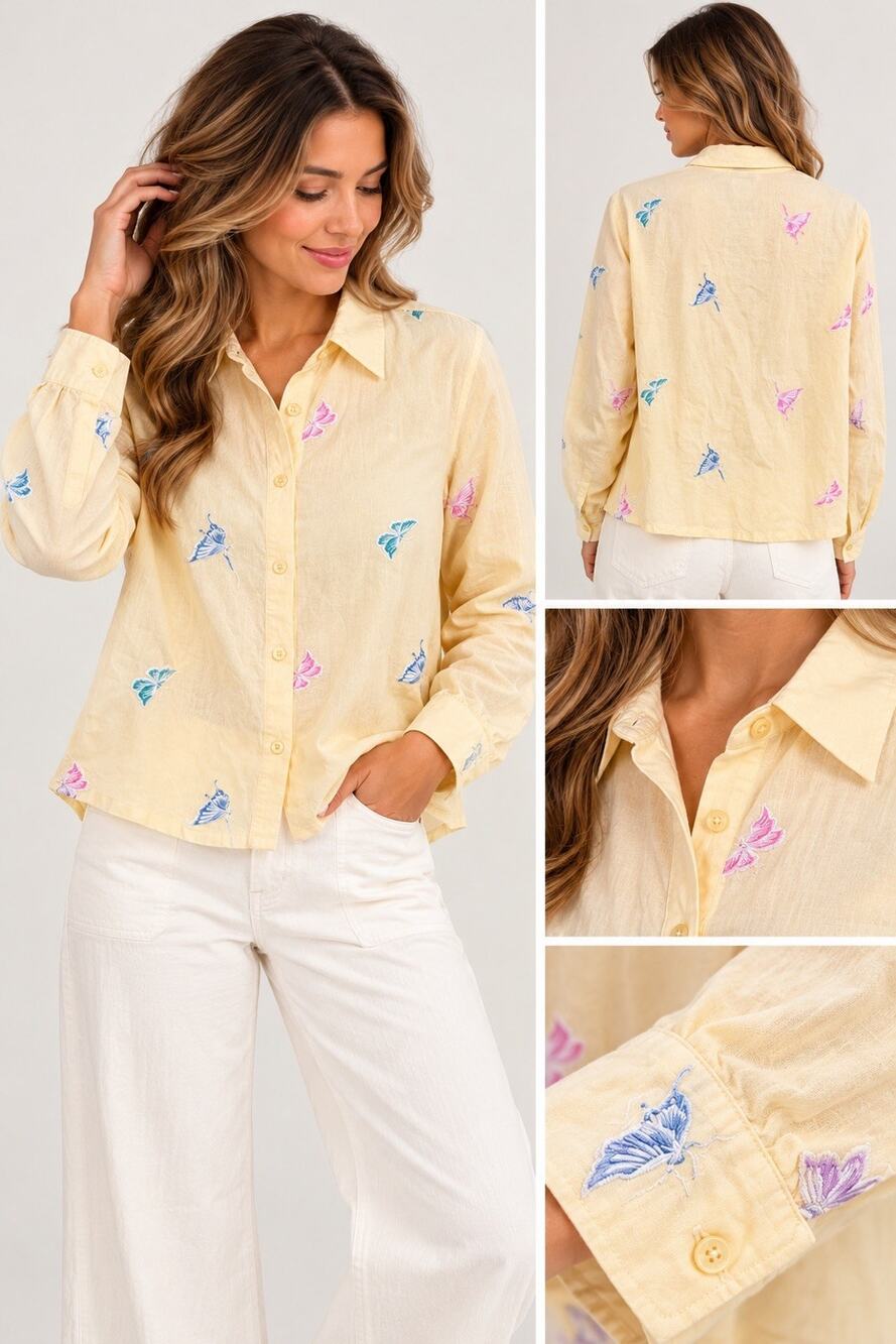 Susan Graver Women’s butter Yellow Butterfly Embroidered Button Up Woven Shirt M